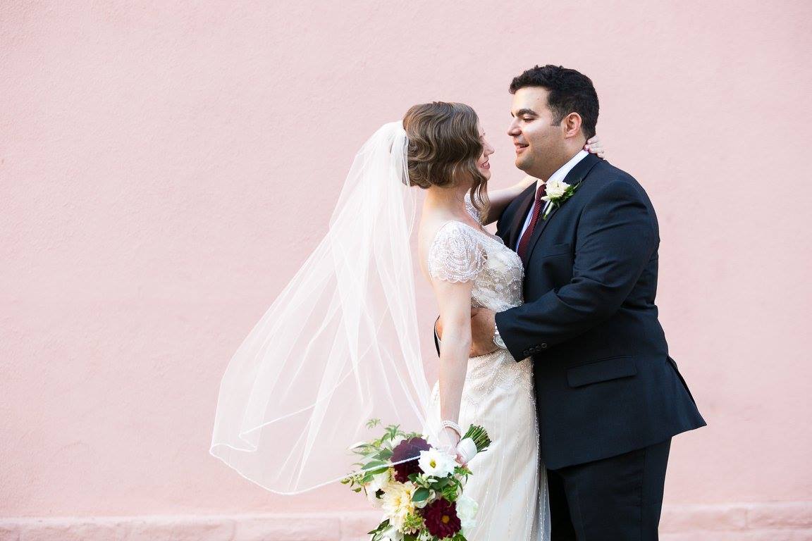 Wedding Portrait with pink wall backdrop